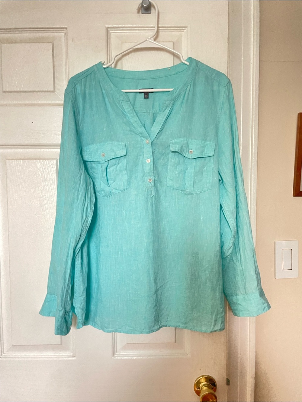 Talbots Aqua Blue Linen V-Neck Henley Tunic Turquoise XLP